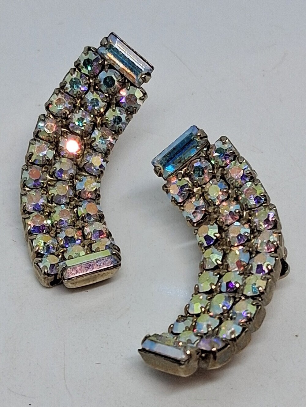 * Vintage Unsigned AB Crystal Gold Tone Clip On Earrings